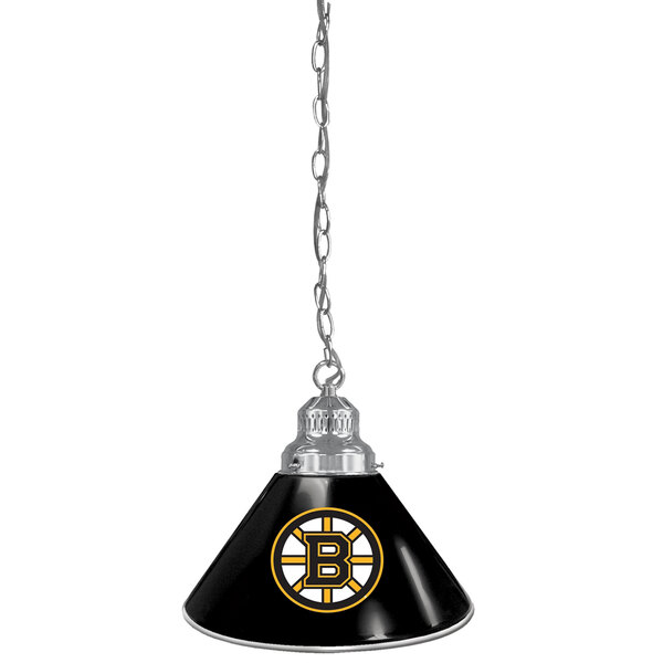 A black and silver pendant light with a Boston Bruins logo shade.