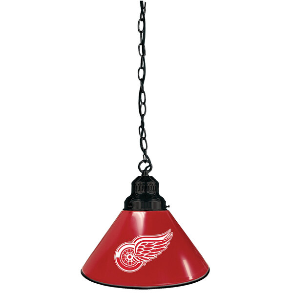 A black pendant light with a red Detroit Red Wings logo shade.