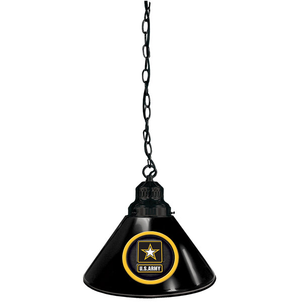 A black pendant light with the United States Army logo hanging from a chain.