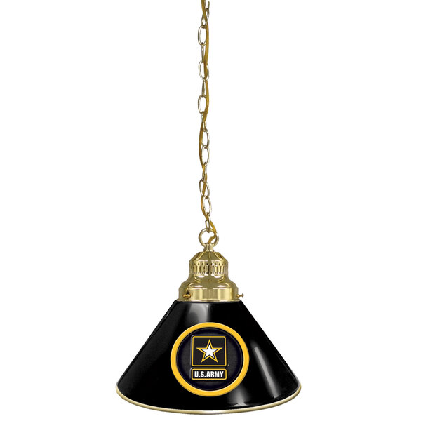 A black and brass pendant light with a United States Army logo.