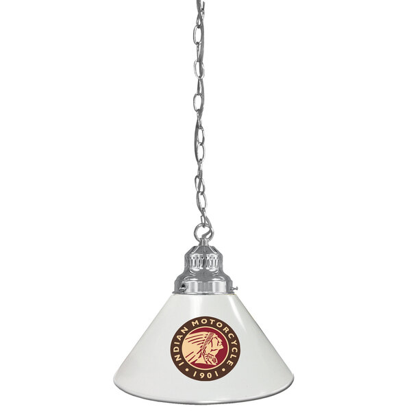 A white cone-shaped pendant light with a chrome Indian Motorcycle logo.