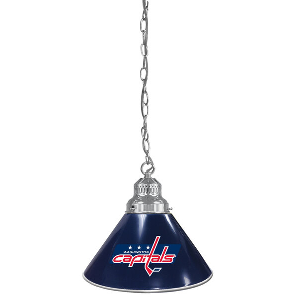 A blue lamp with the Washington Capitals logo hanging from a chain.