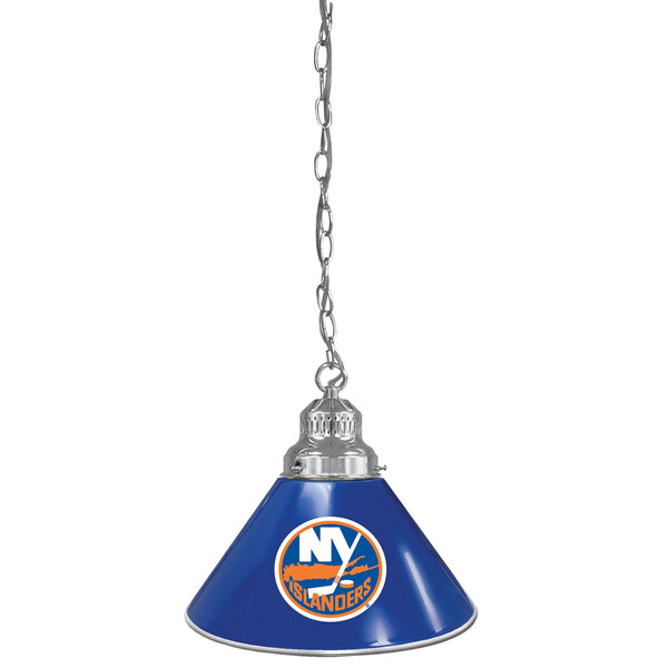 A blue lamp with a New York Islanders logo hanging from a chain.