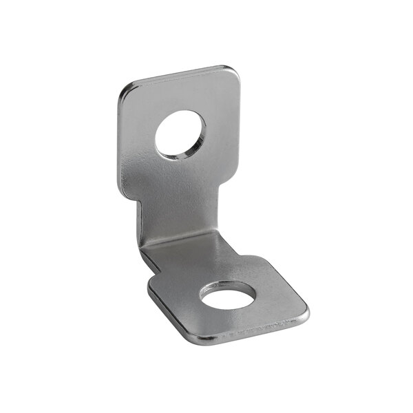 A stainless steel metal corner bracket with two holes.