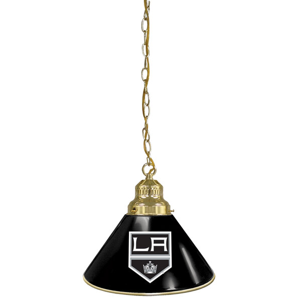 A black Holland Bar Stool pendant light with a white Los Angeles Kings logo.