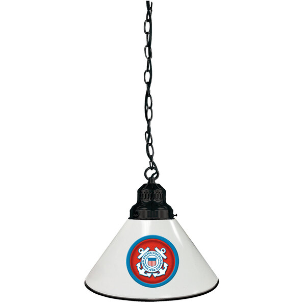 A white cone shaped pendant lamp with a United States Coast Guard logo in blue and red.