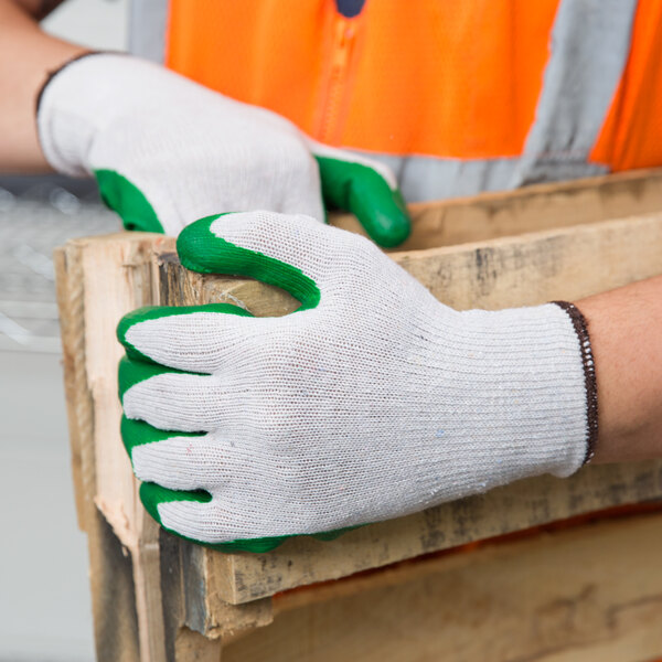 Cordova Natural Polyester / Cotton Work Gloves with Green Latex Palm Coating - 12/Pack