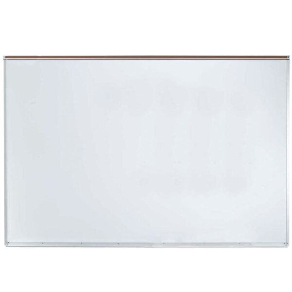 A white magnetic markerboard with an aluminum frame.
