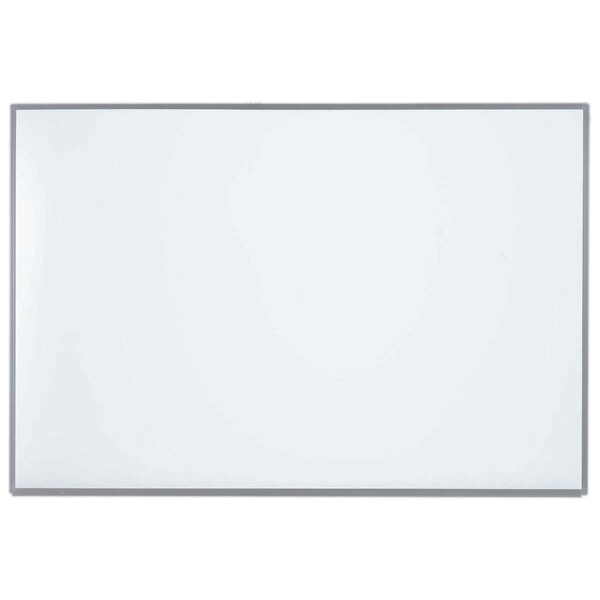 A white board with a gray aluminum frame.