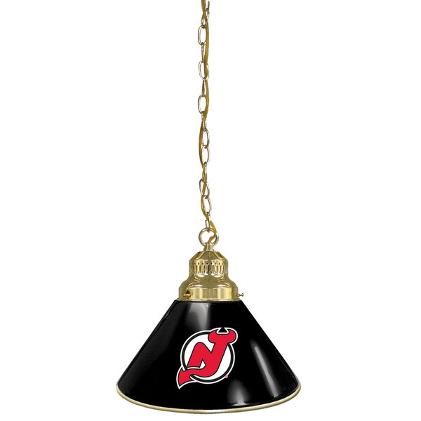 A brass pendant light with a black and gold lamp shade featuring the New Jersey Devils logo in red and white.