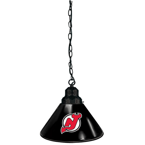A black pendant light with the New Jersey Devils logo in red.