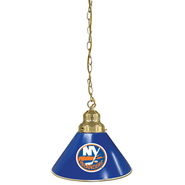 A blue pendant light with the New York Islanders logo and brass accents.