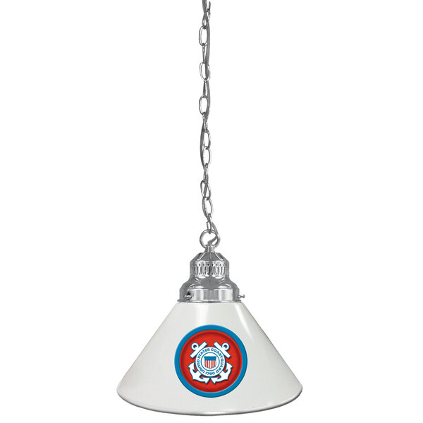 A white cone shaped lamp with a red and blue United States Coast Guard logo.