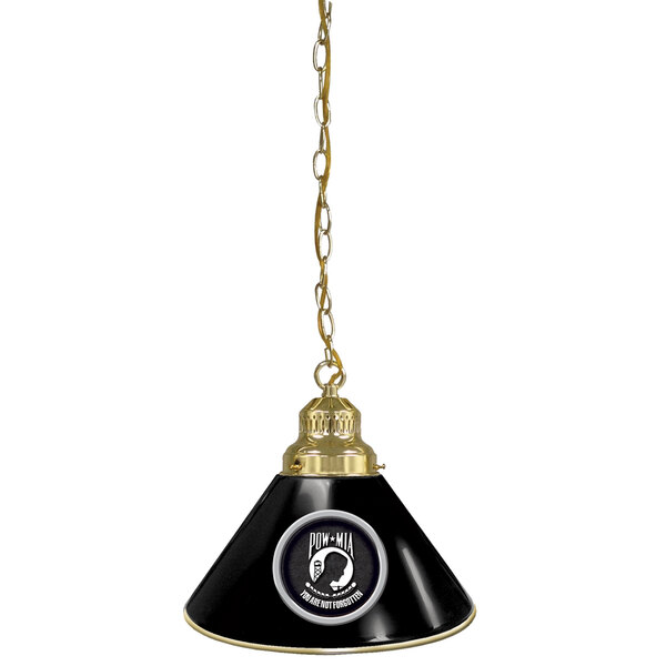A circular black and brass pendant light with a black and brass chain and a POW/MIA logo.