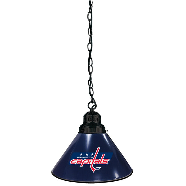 A black pendant light with a blue lamp shade featuring the Washington Capitals logo hanging from a chain.