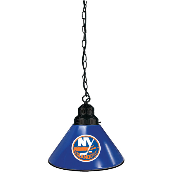 A black pendant light with a New York Islanders logo hanging from a chain.