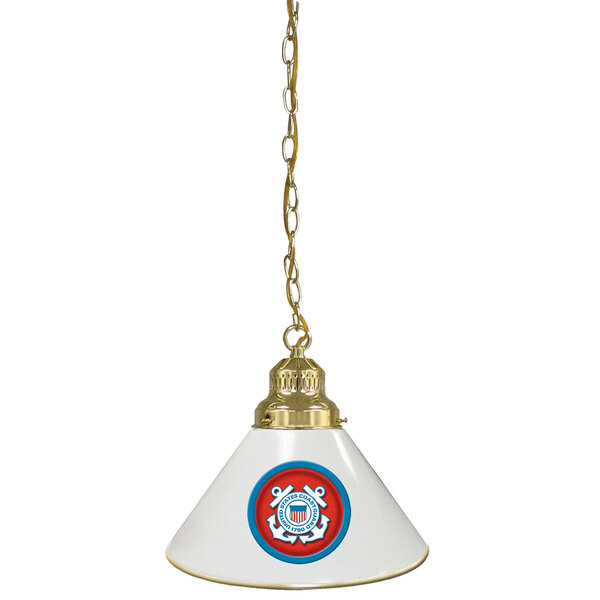 A white cone-shaped pendant lamp with a United States Coast Guard logo in red and blue and brass accents.