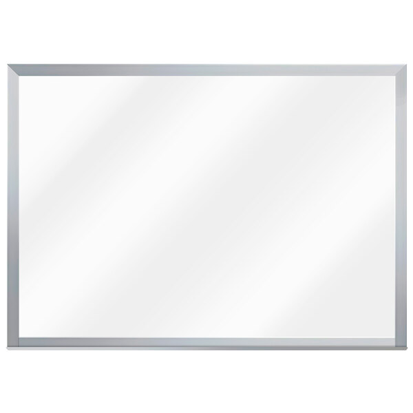 An Aarco white rectangular melamine markerboard with a silver frame.