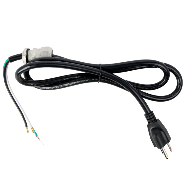 A black electrical cord with a white connector.
