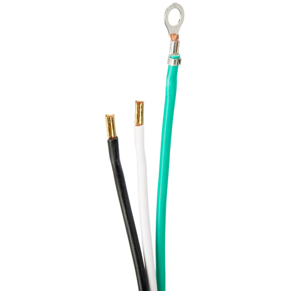 A black and white cable with two green wires and a metal ring on the end.