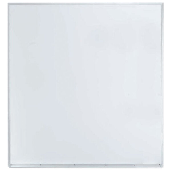 A white square Aarco magnetic markerboard with a metal frame.