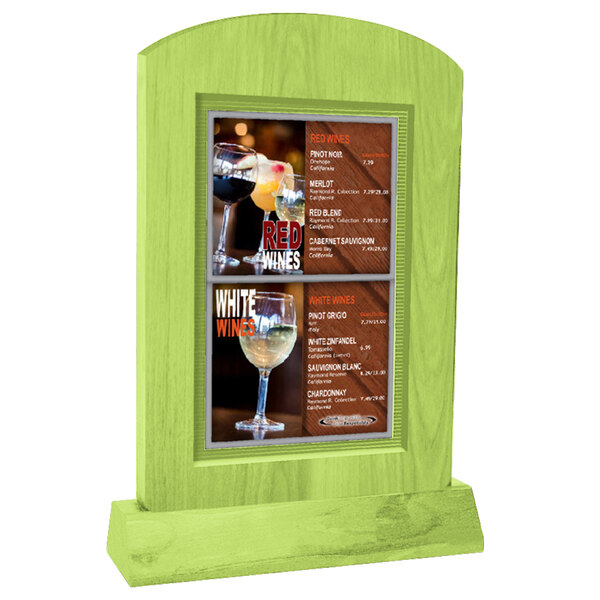 A white Menu Solutions arched wood table tent with a lime green angled base.