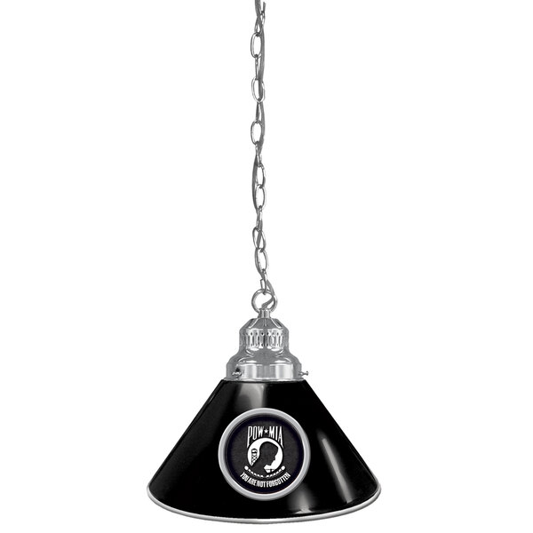 A black and silver pendant light with a circular POW/MIA logo on a lamp shade.