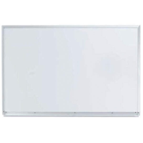 A white Aarco Syncoat magnetic markerboard with an aluminum frame.