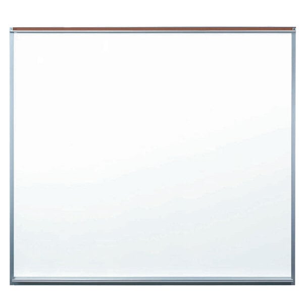 A white board with a metal frame.