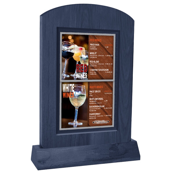 A Menu Solutions denim wood arched menu tent with angled base.