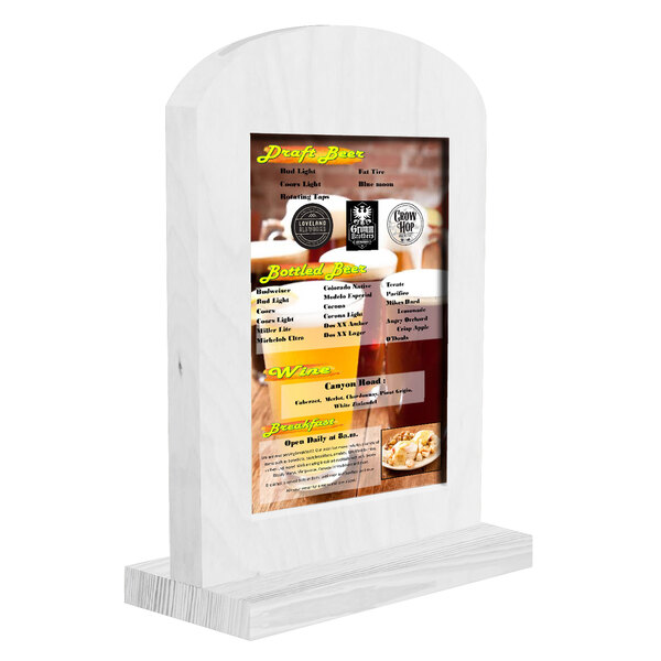 A white wooden arched menu tent with a menu on it.