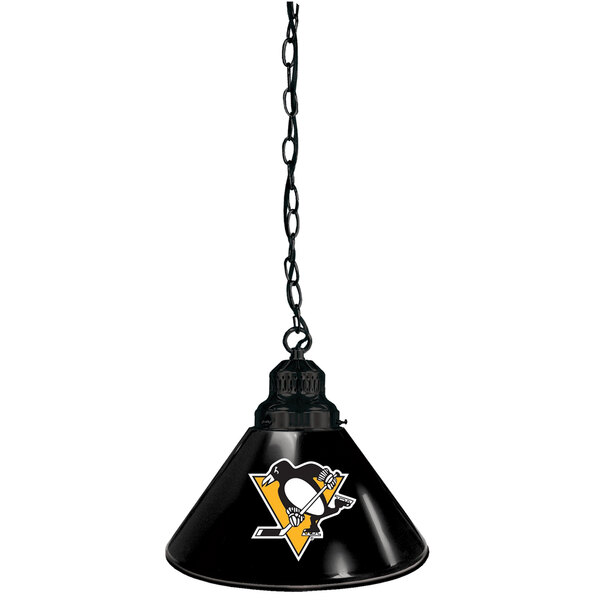 A black and white pendant light with Pittsburgh Penguins logo on it.