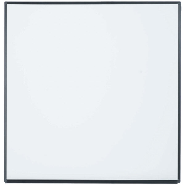 A white square whiteboard with black frame.