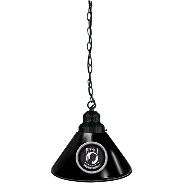 A black metal pendant light with a circular POW/MIA logo hanging from a black chain.