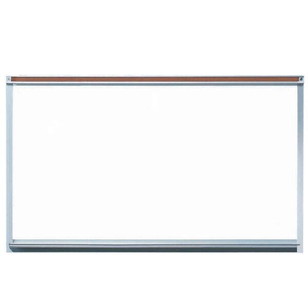 A whiteboard with an aluminum frame and map rail.