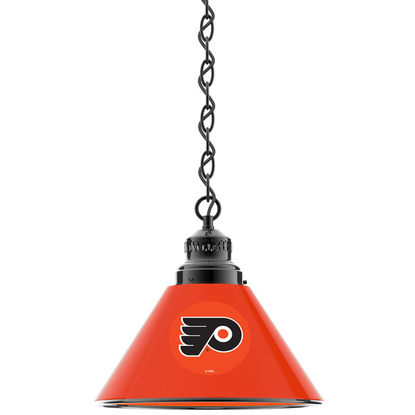 A black pendant light with a Philadelphia Flyers logo on the shade and a black chain.