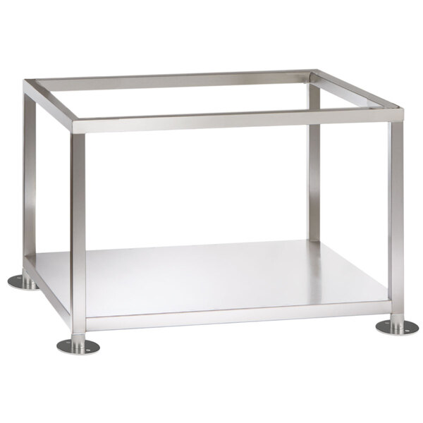 A stainless steel metal frame for an Alto-Shaam Combi Oven with a shelf.