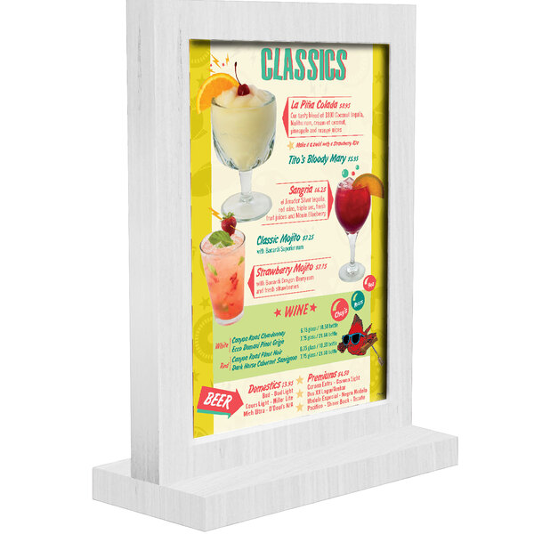 A white wood framed menu tent with straight base.