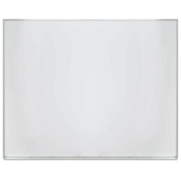 A white board with a white porcelain enamel surface and an aluminum frame.
