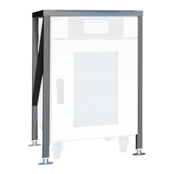 A white rectangular metal cabinet with a black frame and metal legs.