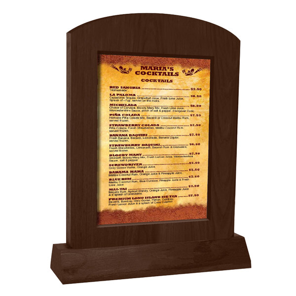 A Menu Solutions walnut wood menu tent with angled base holding a menu on a wooden stand.