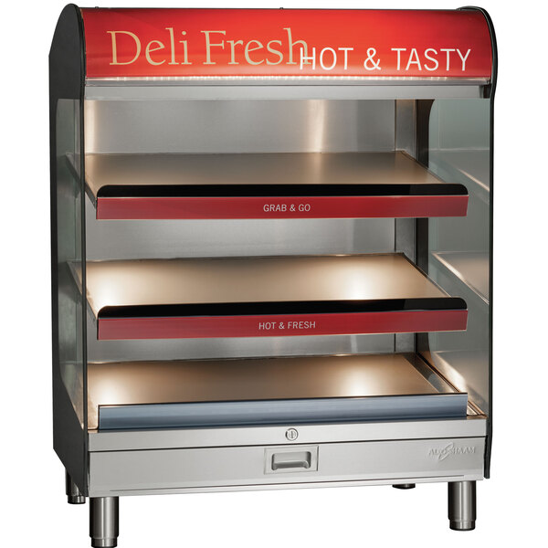 A white Alto-Shaam heated countertop display case with shelves for deli hot food.