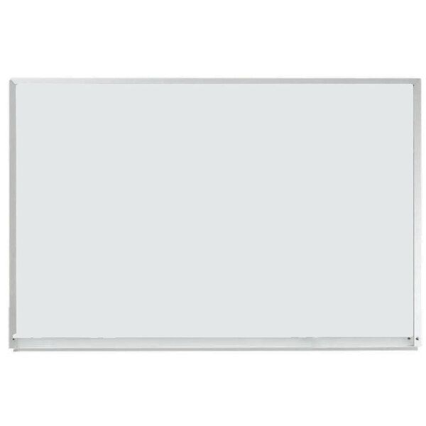 An Aarco white porcelain enamel steel markerboard with an aluminum frame.