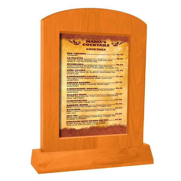 A Menu Solutions wooden stand with a menu on it.