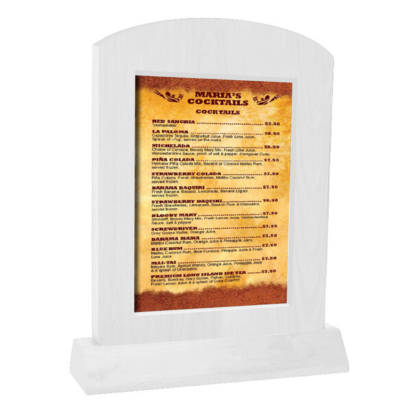 A white wooden Menu Solutions arched menu tent with an angled base holding a menu.