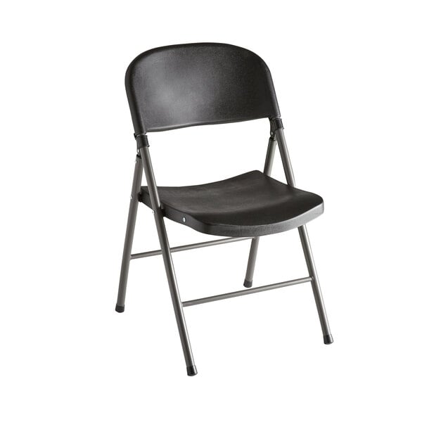Lancaster Table & Seating Black Contoured Injection Molded Folding Chair with Charcoal Frame