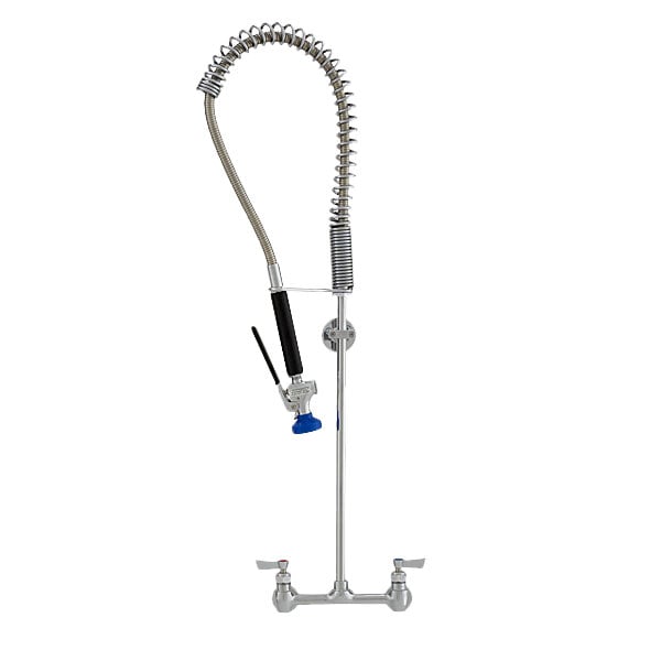 A Fisher stainless steel wall mounted pre-rinse faucet with hose.