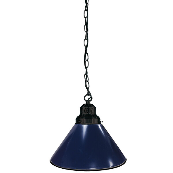 A dark blue metal pendant light with black trim hanging from a chain.