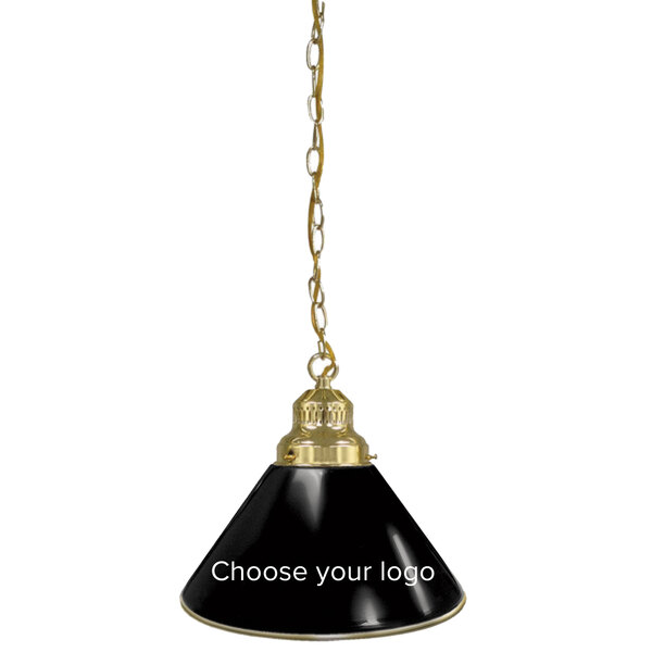 A black and gold pendant light with a Holland Bar Stool NCAA logo.