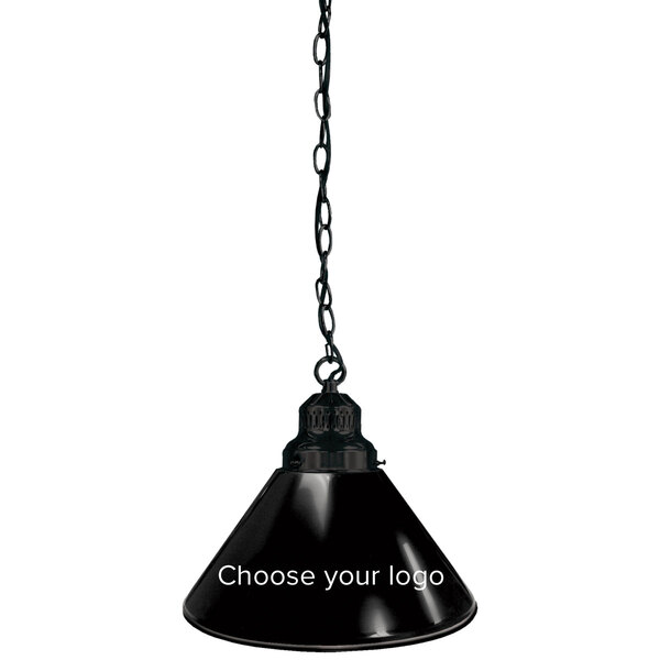 A black pendant light with a chain and white NHL logo text.